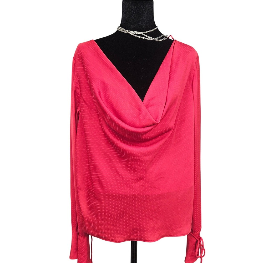 Finders Keepers Red Cowl Neck Blouse Satin Jacquard Tie Cuff Long Sleeve Top L